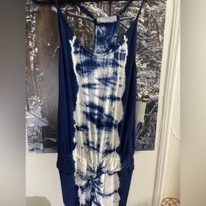 Women’s blue and white tie dye dress, lower leg slit and underskirt. Size XS.